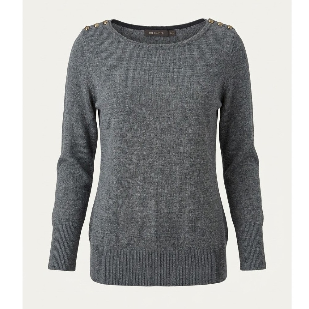 The Limited Gray Merino Wool Blend Button Shoulder Minimalist Chic Sweater S